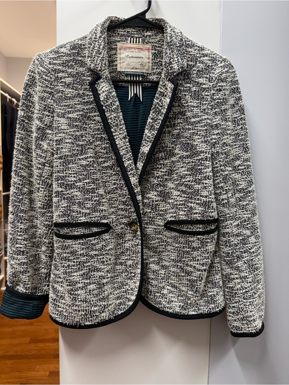 Anthropologie Black and White Tweed Trimmed Blazer w/ super soft interior